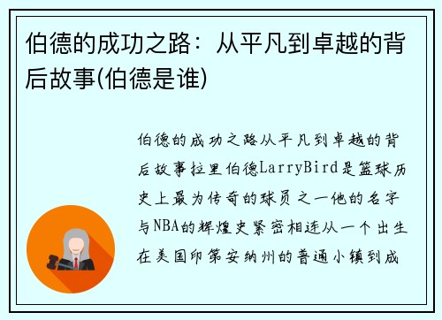 伯德的成功之路：从平凡到卓越的背后故事(伯德是谁)